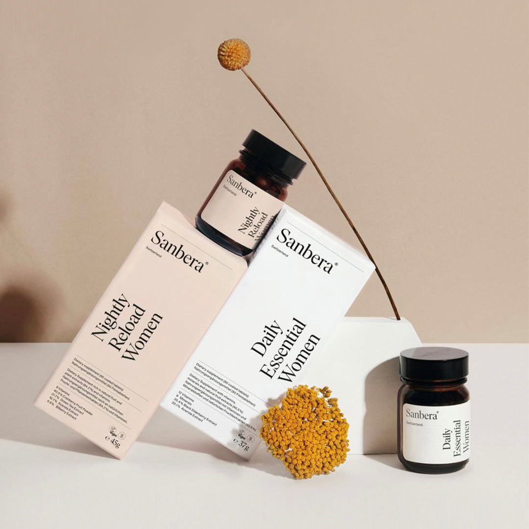 Sanbera women’s plant-based supplements in recyclable glass jars